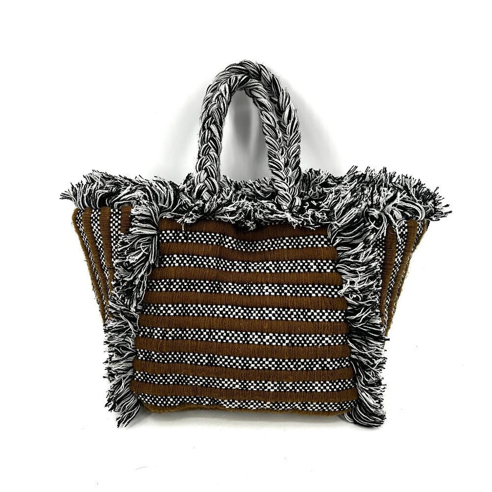 ANTHROPOLOGIE Olive Green White Black Gabi Braided Fringe Boho Festival Tote Bag - Picture 1 of 9